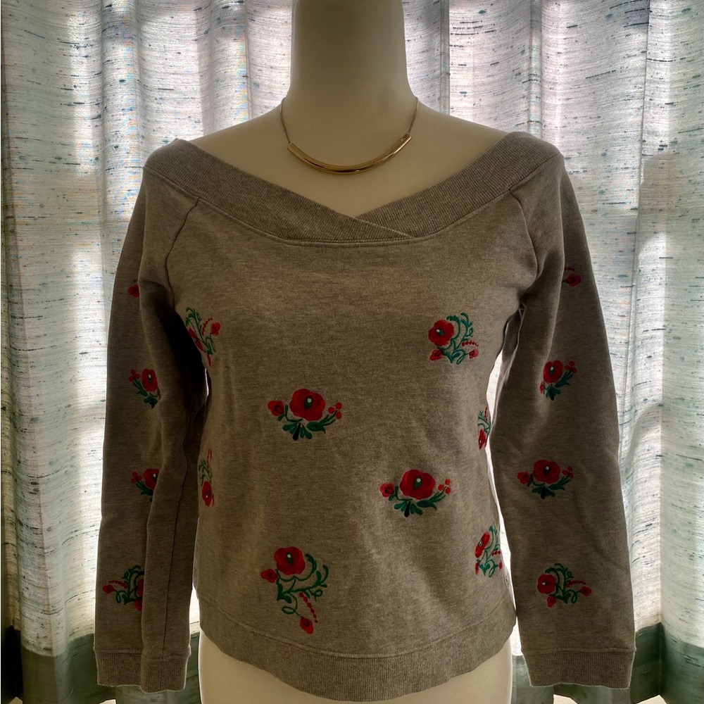 Rebecca Minkoff Gray Sweater with Red Floral Embroidery